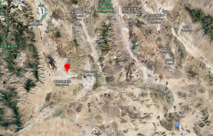 7月5日晚，南加州7.1級地震 北緯35.76度，西經117.60度